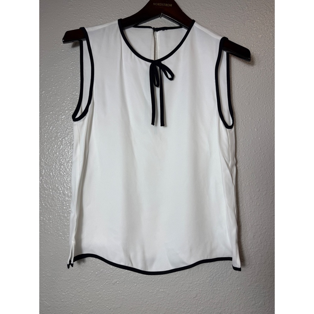 Zara Women White Blouse Black Contrast Trim Tie Neck Sleeveless Size S